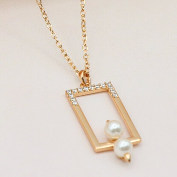 Geometric Pearl Drop Rose Gold Necklace, XPNL0212 - Picture 1 of 13